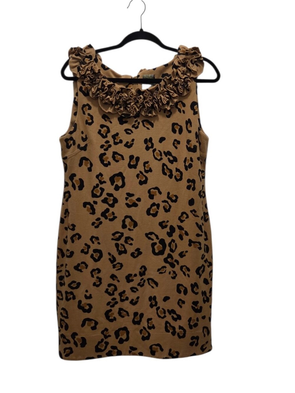 Taylor 12 Leopard Print Ruffle Neck Mini Dress Brown Black Sleeveless Stretch